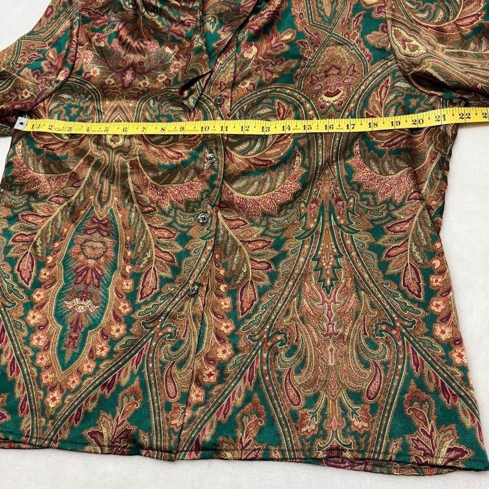 VTG RUSS Paisley Print Tie Neck Blouse Faux Silk Shirt Gold Green Womens Size 16 - Picture 8 of 12